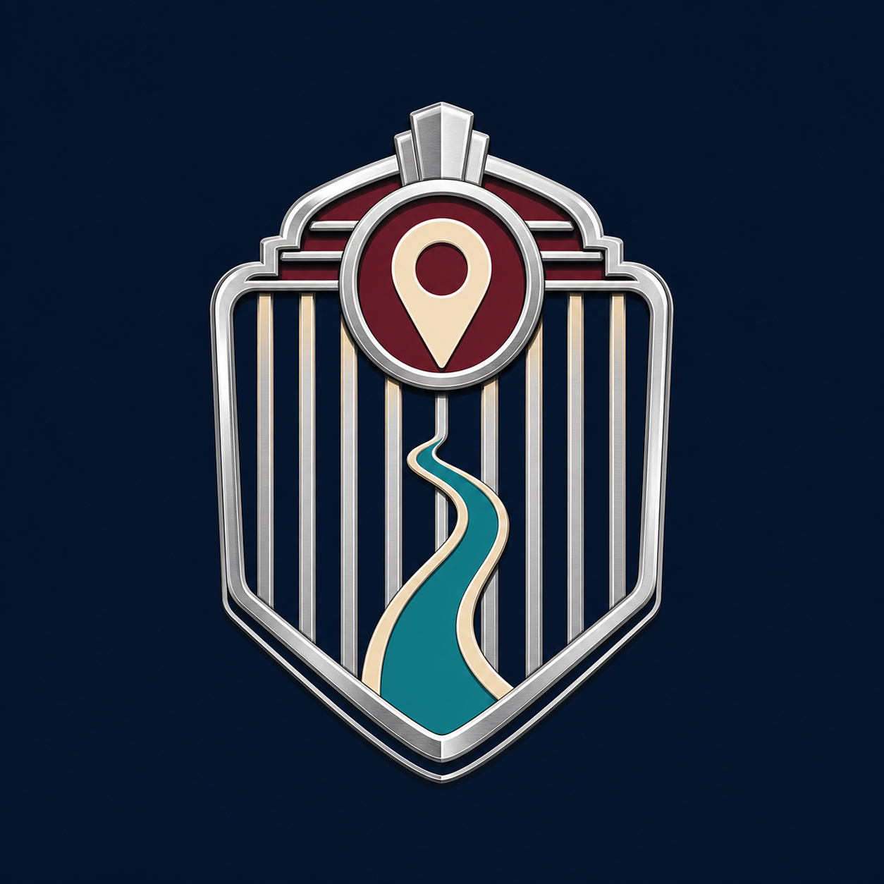 Model A DataTour grille-and-route-pin badge